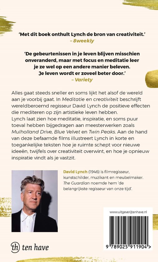 Boekkaft met een portret van David Lynch, tekst en een gestileerde gouden veeg.