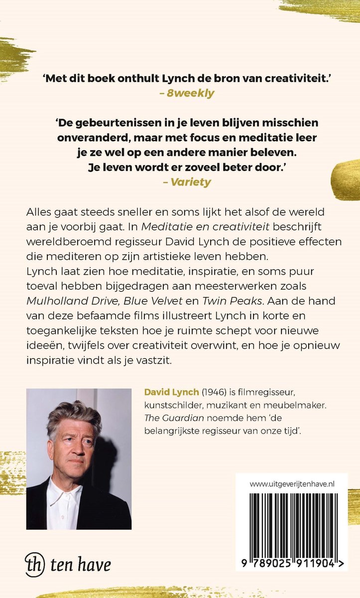 Boekkaft met een portret van David Lynch, tekst en een gestileerde gouden veeg.
