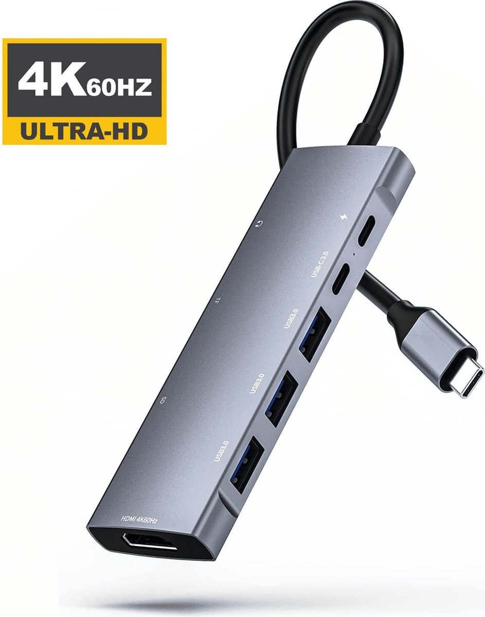 M-TECK 9-in-1 USB-C Hub met HDMI + 3 x USB3.0 + USB-C (opladen) + SD/Micro SD + 3.5mm Audio