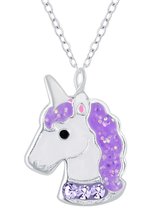 Joy|S - Zilveren eenhoorn hanger met ketting 36 cm + 5 cm unicorn paars glitter