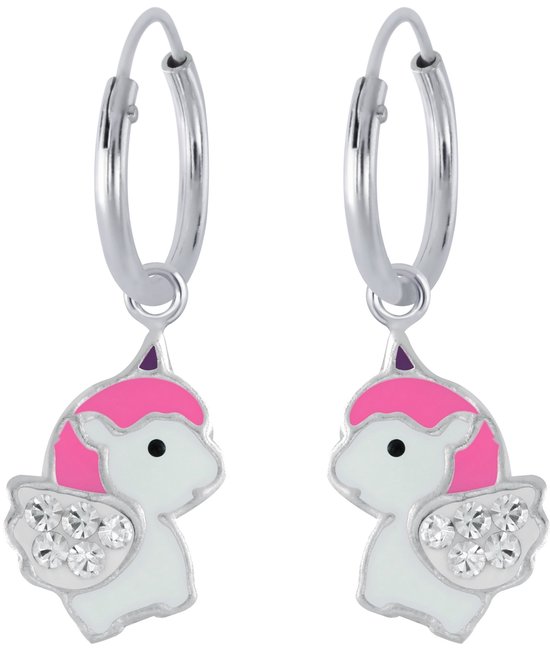 Joy|S - Zilveren eenhoorn oorbellen - baby unicorn oorringen - roze wit kristal