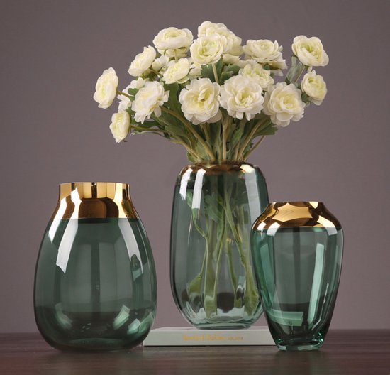 KaiaHome Vazenset - Groen Glas met Gouden Details - Drie Verschillende Maten - Elegant en Modern - Decoratie woonkamer