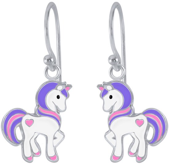 Joy|S - Zilveren pony oorbellen - eenhoorn oorhangers - unicorn paars roze