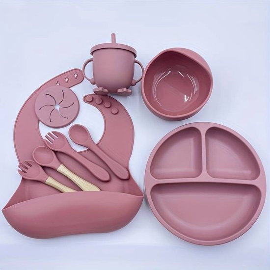 Vaisselle Bébé en silicone, 9 pcs - Rose - Set Bébé - Assiette - Bavoir -  Cuillère -... | bol