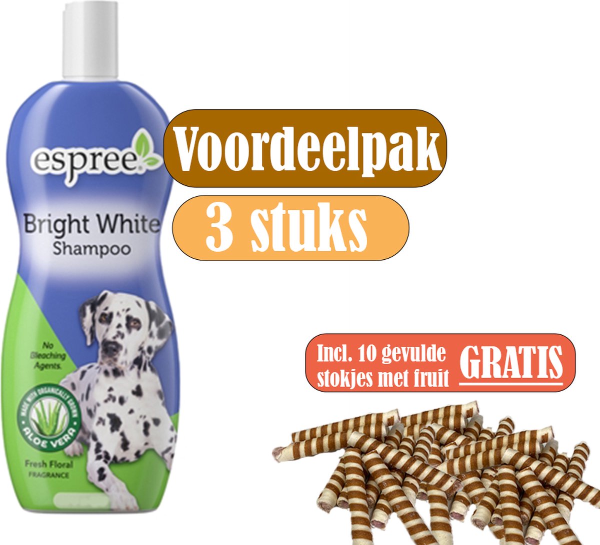 Espree Shampoo Lichtgevend Wit - Voordeelpak 3 stuks - inclusief gratis stokjes gevuld met fruit (10 stuks)