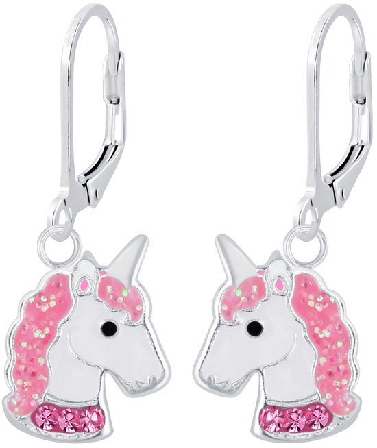 Joy|S - Zilveren eenhoorn oorbellen - unicorn roze - leverback sluiting