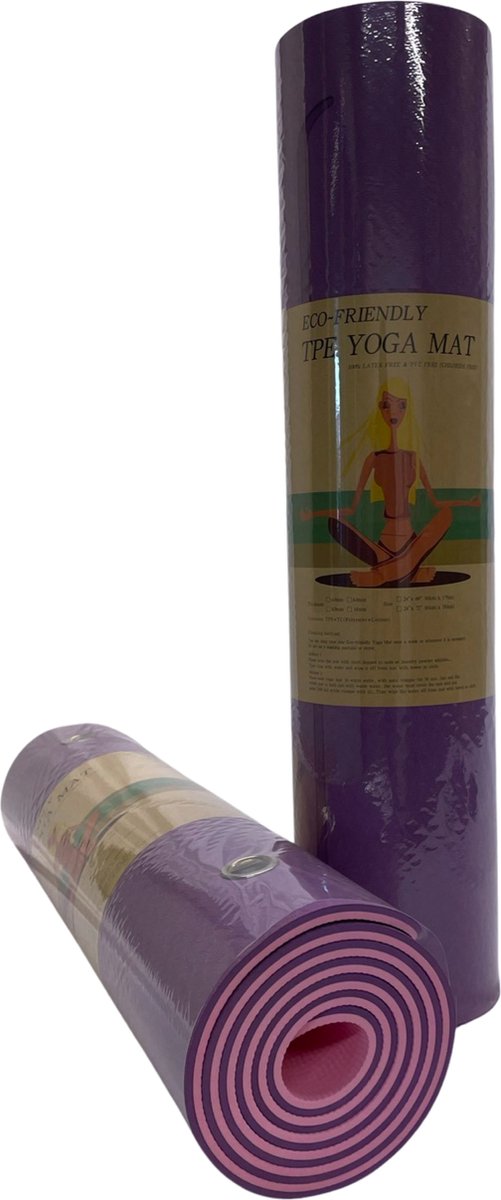 Yoga Mat - Fitness Mat Paars/roze - Sport mat - TPE - Anti slip en eco - Body Line - Met draagriem