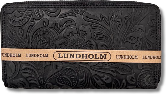 Lundholm portemonnee dames leer groot met rits zwart - bloemen patroon - luxe portefeuille dames met rits - ritsportemonnee dames leer - luxe uitgevoerd - cadeau voor vrouw