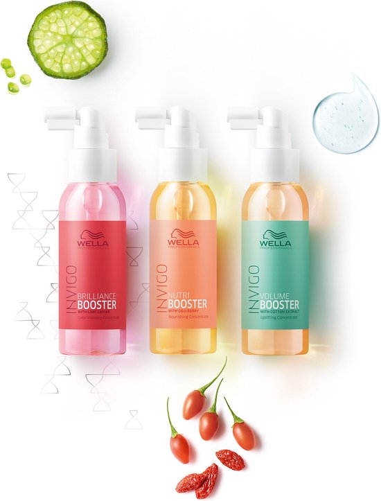 Drie Wella Invigo Boosters: Brilliance (roze), Nutri (oranje) en Volume (mintgroen), met fruit en een gelprikkel.