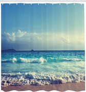 Tropisch eiland Douchegordijn, oceaan Seychellen, stoffen badkamerdecoratieset met haakjes, 175 x 240 cm, Turquoise Sky Blue Umber