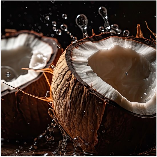Poster Glanzend – Eten - Fruit - Kokosnoten - Druppels -Kleuren - 50x50 cm Foto op Posterpapier met Glanzende Afwerking