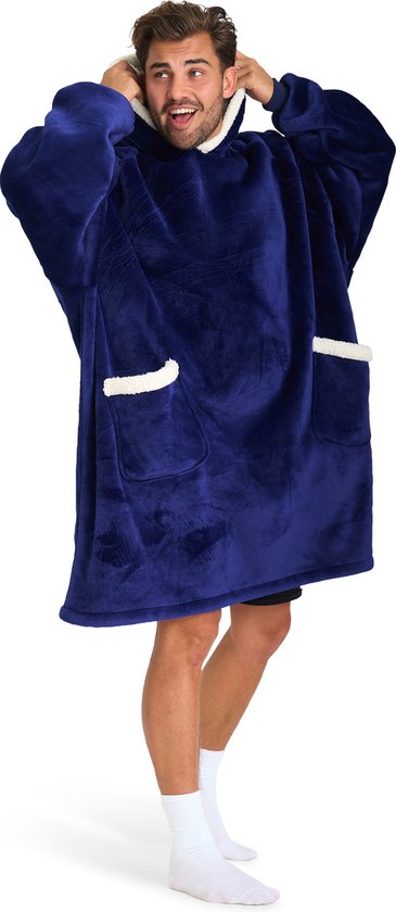 GEASY Couverture à capuche – Couverture à capuche unisexe – Couverture polaire avec manches avec poches pratiques – Taille unique – Blauw marine avec Rebords Sherpa