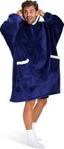 GEASY Hoodie Deken - Hoodie Deken Unisex - Fleece Deken met Mouwen met handige zakken - One Size Fits All - Navy Blauw met Sherpa Randen