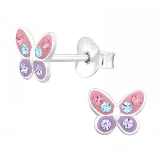 Oorbellen meisje | Oorbellen kind | Zilveren oorstekers, vlinder met roze en paarse vleugels en kristallen
