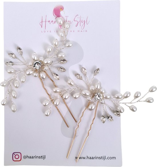 Haar in Stijl® Safa Serie - Set van 2 goud en zilver haarsteken met kristallen en parel kraaltjes - haarsteker haarspeld haarpin schuifspeld - dames haaraccessoires voor bruiloft feest verloving elegante haarversiering