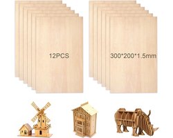 Balsahouten Platen voor Modelbouw en Knutselen, 12 stuks, 300x200x1,5 mm, knutselhoutjes, Figuurzaag Hout
