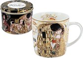 Tasse en porcelaine pour thé ou café dans une boîte en métal, boîte de rangement pour thé, café, sucre avec couvercle imprimé de Gustav Klimt "Der Kuss"