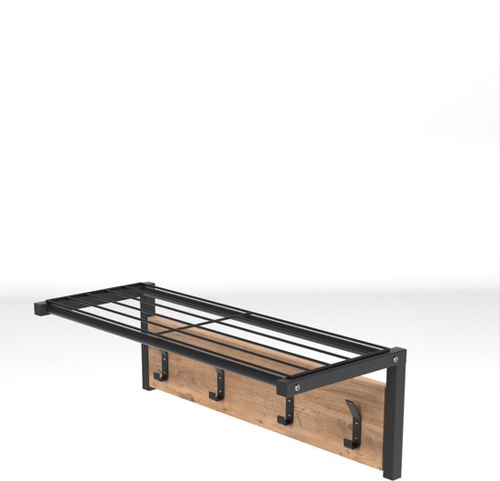 Metalen Wandhanger - Wandplank - Wandkapstok met Plank en 4 Haken - Metaal en Hout Bruin- 4x2 Haken - 21x61 cm