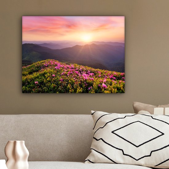 Peinture sur toile Fleurs - Berg - Coucher de soleil - Paysage - 40x30 cm - Décoration murale