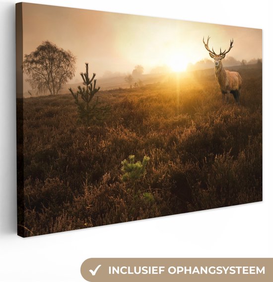 OneMillionCanvasses - Canvas - Hert - Gewei - Mist - Zonsondergang - Herfst - Edelhert - 90x60 - Kamer decoratie - Canvas doek