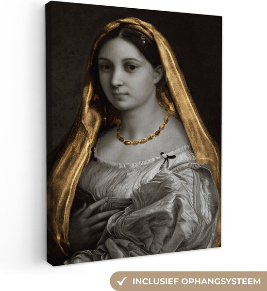 Canvas doek - De gesluierde vrouw - Goud - Kunst - 60x80 cm - Oude meesters - Raffaeolo Sanzio - Tinten - Woonkamer