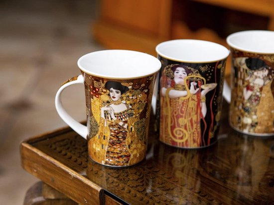 Coffret 2 Tasses à Café Noir 250ml Gustav Klimt Baiser - Queen Isabell, Porcelaine, Neuf