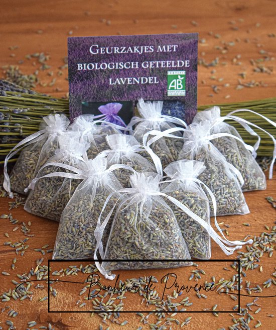 Bonheur de Provence - geurzakjes lavendel - biologische lavendel uit de Provence - 10 witte organza zakjes - 6 gram per zakje