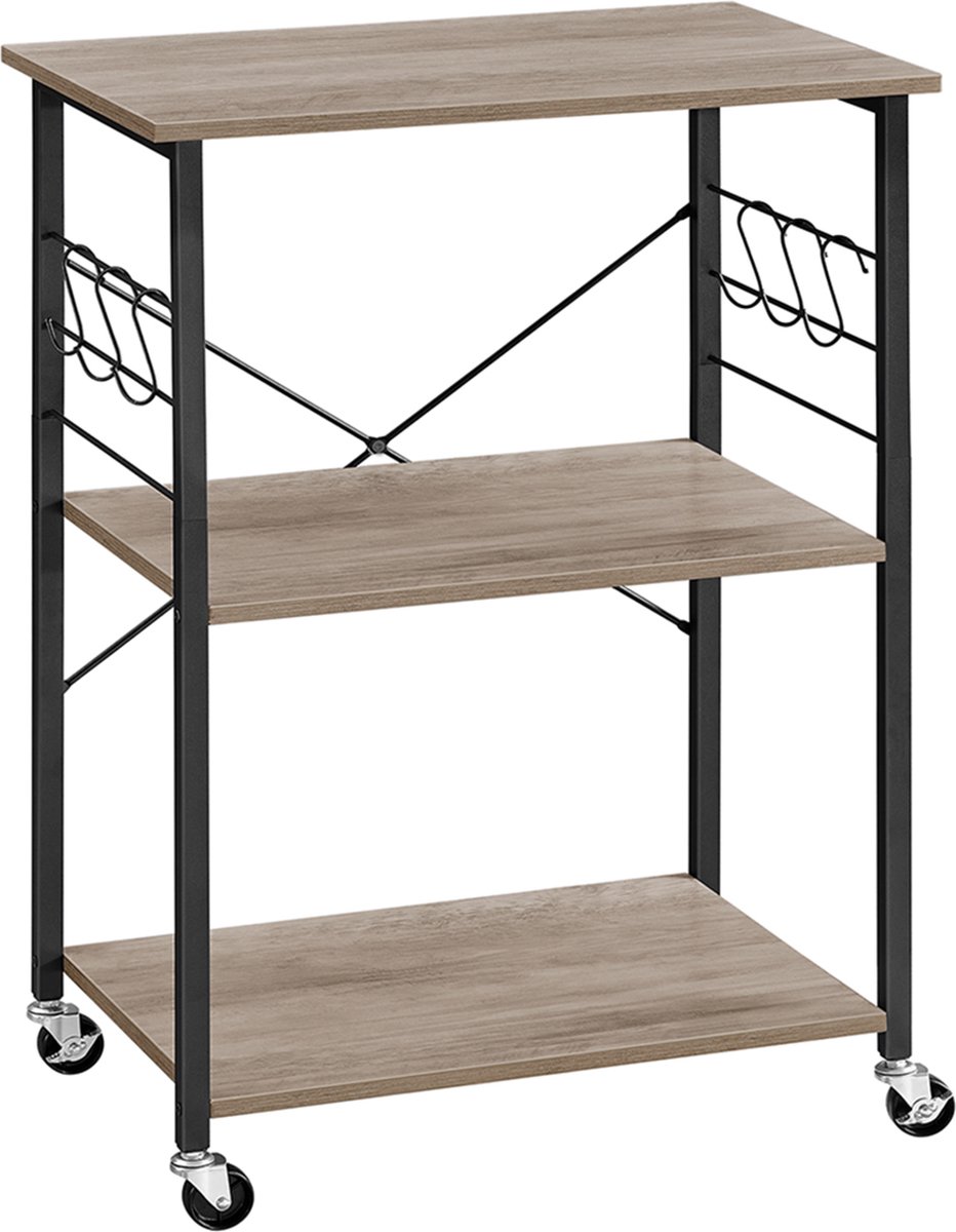 Keukenrek met wieltjes - magnetronrek 3 niveaus - houder voor magnetron - oven - broodrooster - metalen frame met 6 haken - industrieel - Grijs en zwart