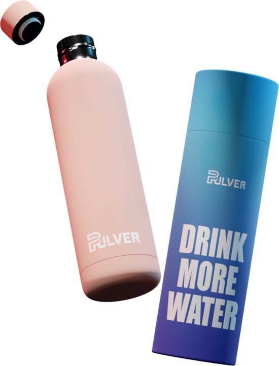 Pulver - RVS Thermosfles / Drinkfles – BPA Vrij – 750 ml - Waterfles met draaidop - Thermosbeker – Drinkfles – Dubbele isolatie - Rubberen coating- Licht roze