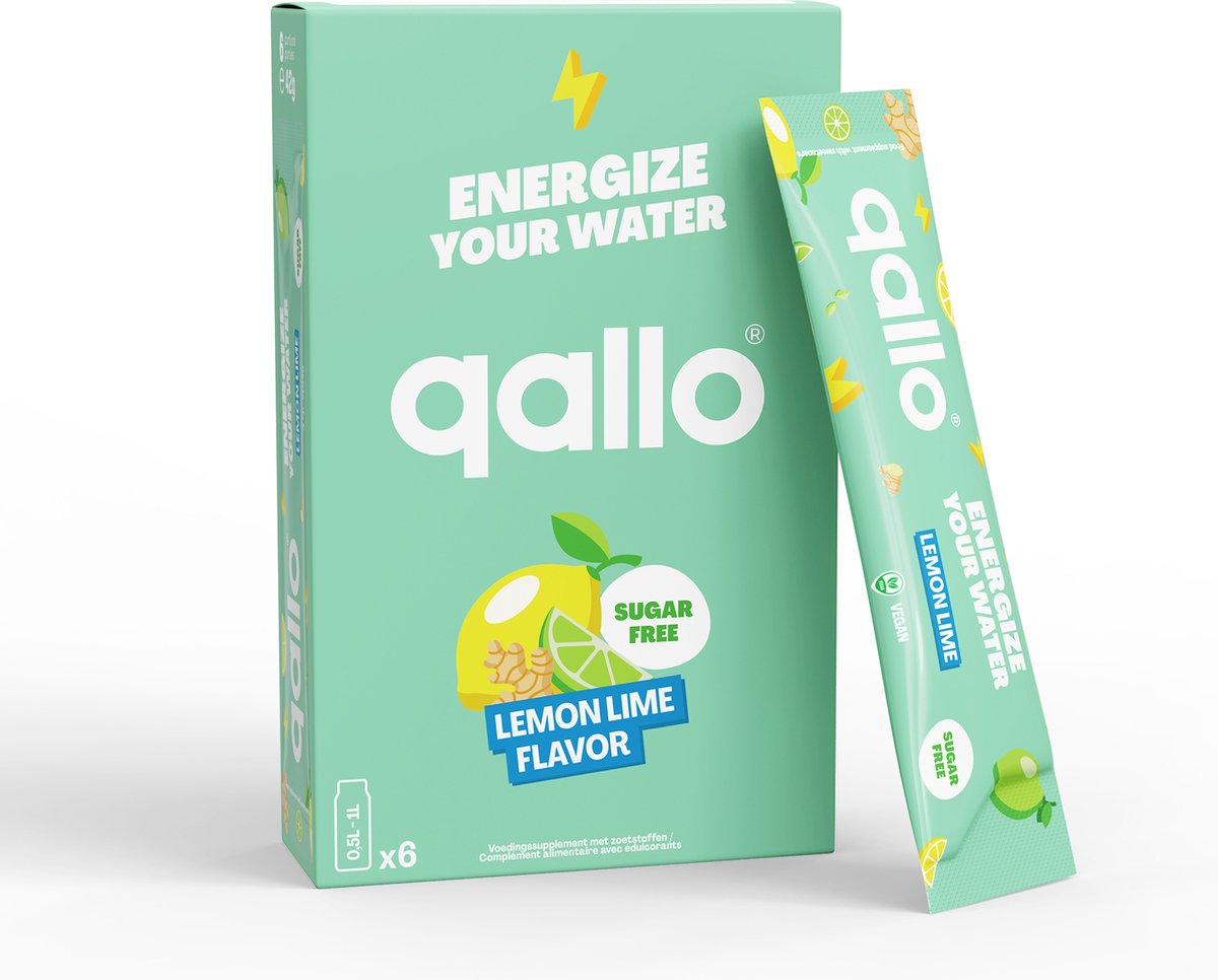Qallo Energy Drink Poeder Lemon Lime - 6 zakjes - Vegan Suikervrije Energizer - Met Vitamine B - Inhoud 6 x 7gr