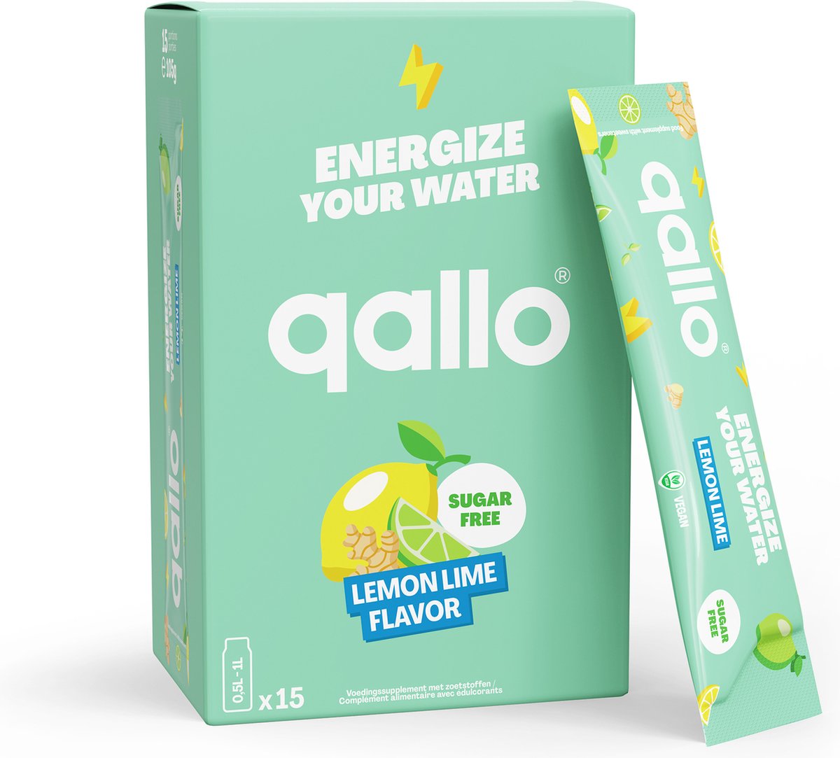 Qallo Energy Drink Poeder Lemon Lime - 15 zakjes - Vegan Suikervrije Energizer - Met Vitamine B - Inhoud 15 x 7gr