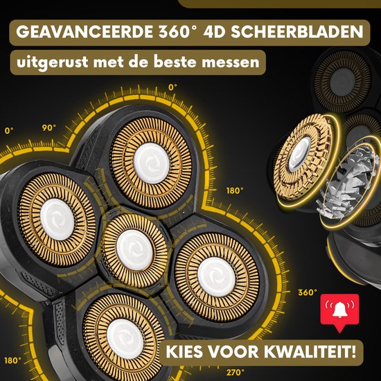 Gedetailleerde close-up van een 360° 4D scheerblad met gele gradenboog.