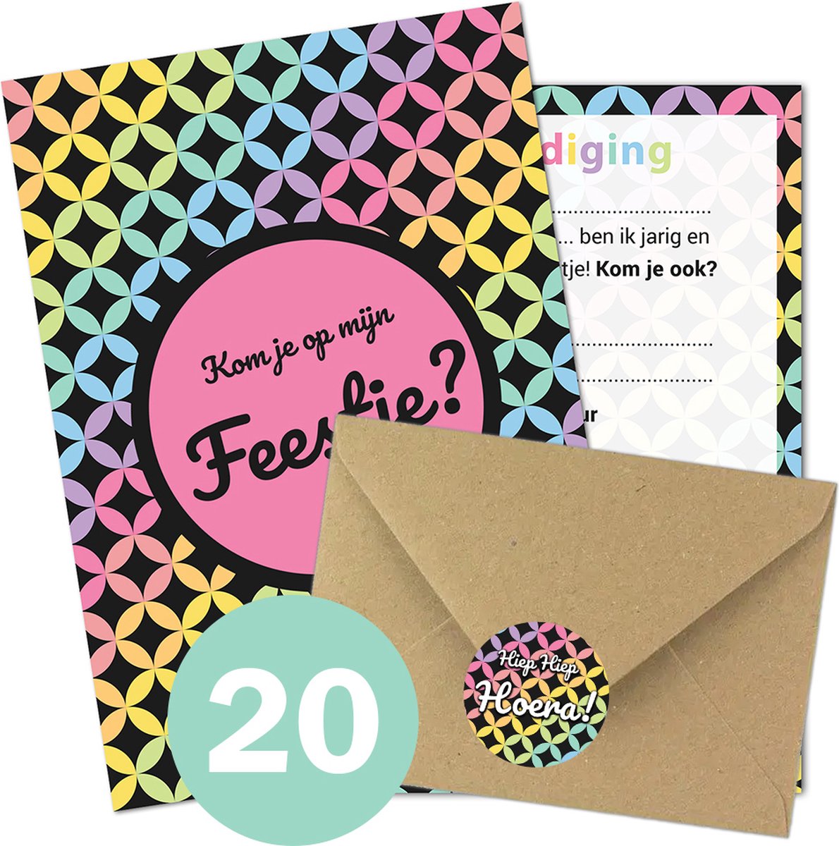 Uitnodiging Kinderfeestje + Enveloppen & Sluitstickers - Voordeelset 20 stuks - Disco Uitnodiging verjaardag - Jongen of meisje - uitnodigingskaarten + kraft envelop - Verjaardag Feest