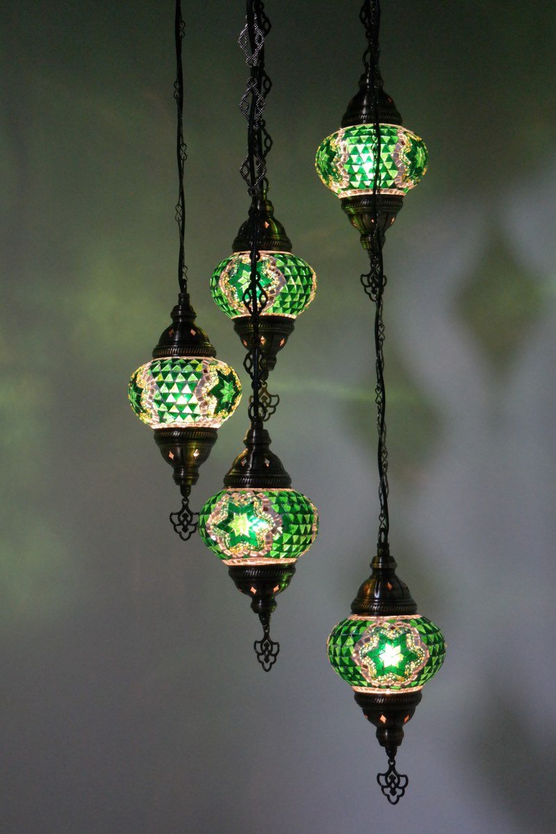 Turkse Lamp - Hanglamp - Mozaïek Lamp - Marokkaanse Lamp - Oosters Lamp - ZENIQUE - Authentiek - Handgemaakt - Kroonluchter - Groen - 5 bollen