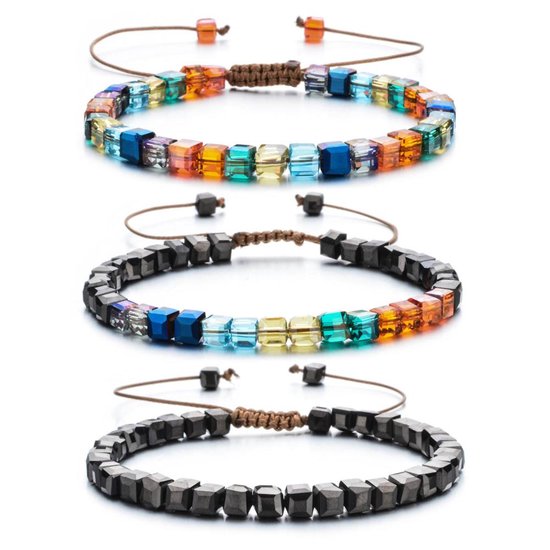 Sorprese armband - Ibiza Beads - set van 3 - armband dames - vierkante kralen - verstelbaar - cadeau - Model Q - Cadeau