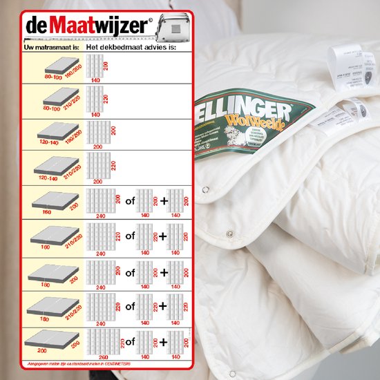 Een opgevouwen crèmekleurig wollen dekbed op bed, naast een tabel met maten en afmetingen. Labels met 'Terschellinger Wolweelde' zijn zichtbaar.