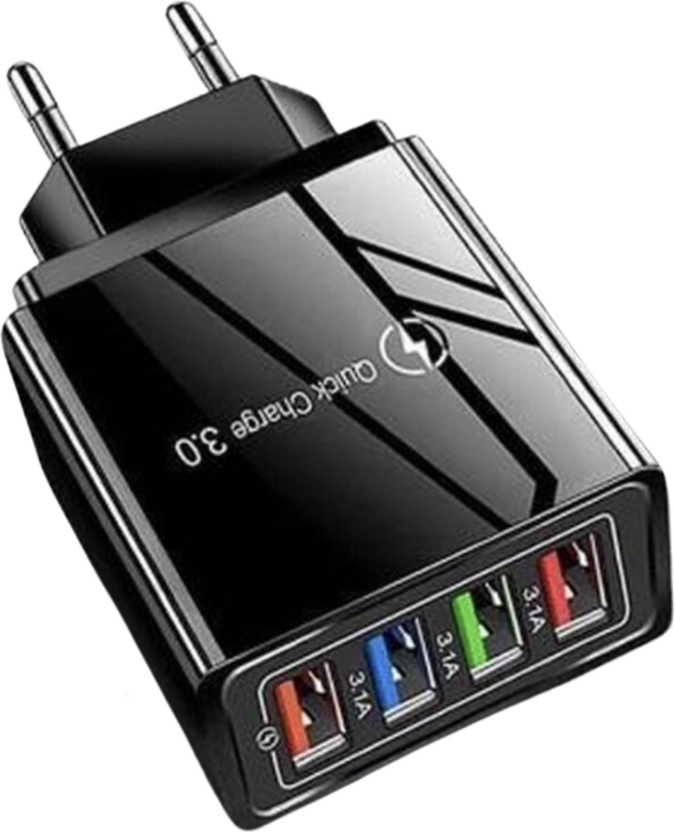 USB snel lader/Quick Charger 3.0 - USB stekker - USB Lader - ZWART - Oplader voor Smartphones en Tablets - Thuislader - Universele Adapter met 4 usb poorten - telefoonstekker
