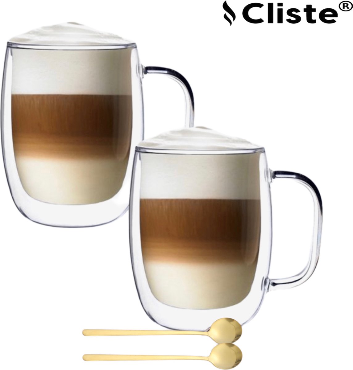 Cliste Dubbelwandige Koffieglazen Met Oor Met Gratis 2x Goud Lepels Latte Macchiato Glazen 400ML Dubbelwandige Theeglazen 2x Cappuccino Glazen
