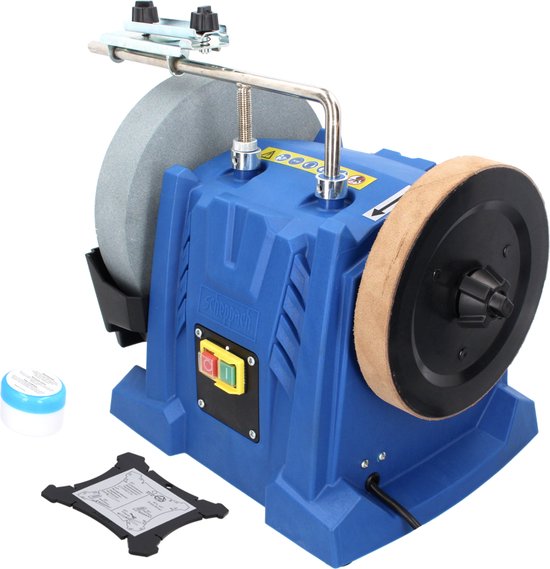 Blauwe natte slijpmachine met grijze steen, bruine polijstwiel, accessoires en schakelaar.