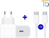 USB-C Lader + Kabel 1M - 20W Snellader - Geschikt voor Apple iPhone 15 - Lader - Oplader - USB-C Adapter - Quick Charge