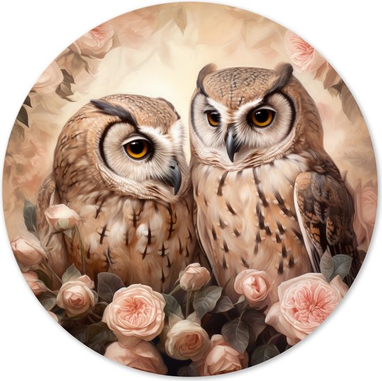 Graphic Message - Impression sur cercle - Hiboux et roses - Cercle mural - Vogels du cercle vivant