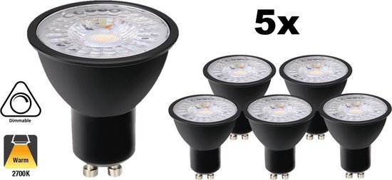 PACK 5 - Spot LED GU10 NOIR 5w, 400 Lumen, Wit Chaud 2700K, Intensité Variable, Angle d'éclairage : 60°