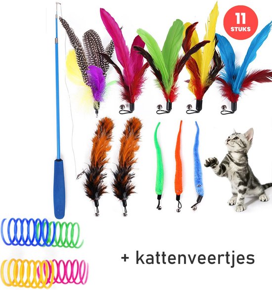 Canne à pêche pour chat avec 10 embouts et plumes de chat | bol