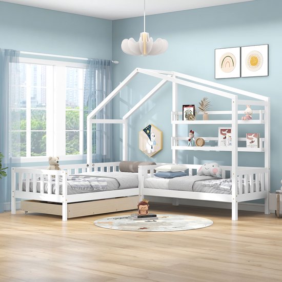 Lit enfant cabane avec tiroirs et étagères - bois massif avec clôture et sommier à lattes - structure en L, blanc (90x200 cm + 140x70cm)