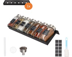 KROMS Kruidenrek Lade met 7 Potjes (RVS dop) - Compleet Pakket incl. Kruidenpotjes Stickers, Krijtstift en Accessoires – Kruidenpotjes Vierkant - Kruiden Organizer - Keukenlade Organiser - Zwart