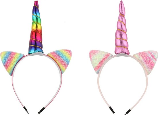2 Stuks - Unicorn Haarband - Diadeem - Regenboog Kleuren en Roze