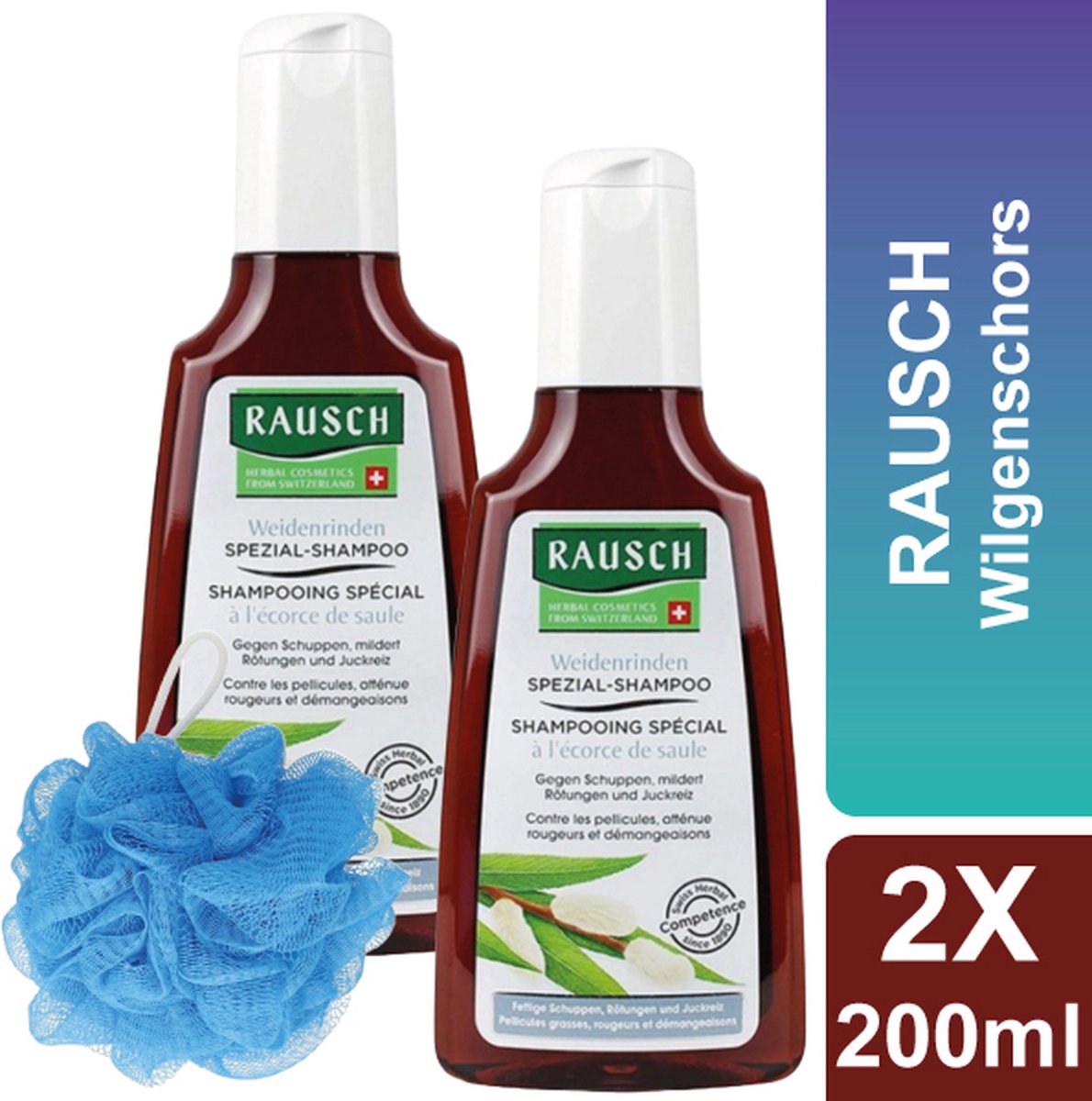 RAUSCH - Shampoo - Behandelingsshampoo met Wilgenschors en Tijm - Inclusief Douche Puff - 2 x 200 ml - Verlichting bij Roos, Roodheid en Jeuk - Voordeelverpakking