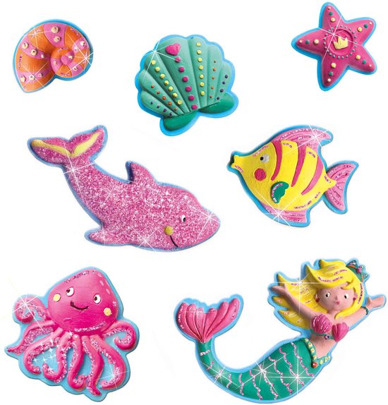 SES - Gieten en schilderen - Oceaanfiguren - sneldrogend - met vormpjes, gips, verf, penseel, gladstrijkkam en glitters - SES