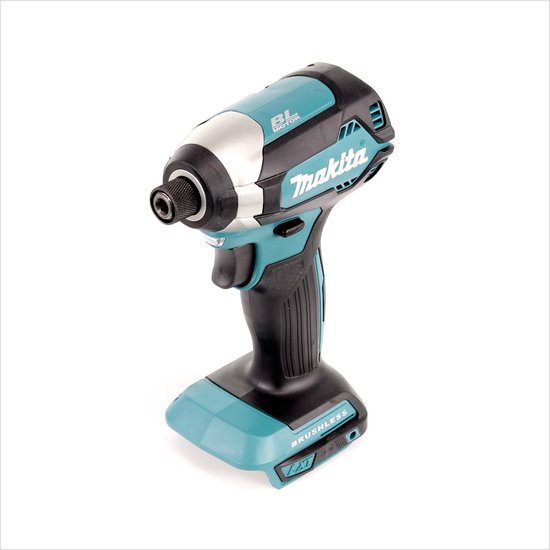 Makita slagschroevendraaier met zwarte grip, turquoise accenten en zilveren details.