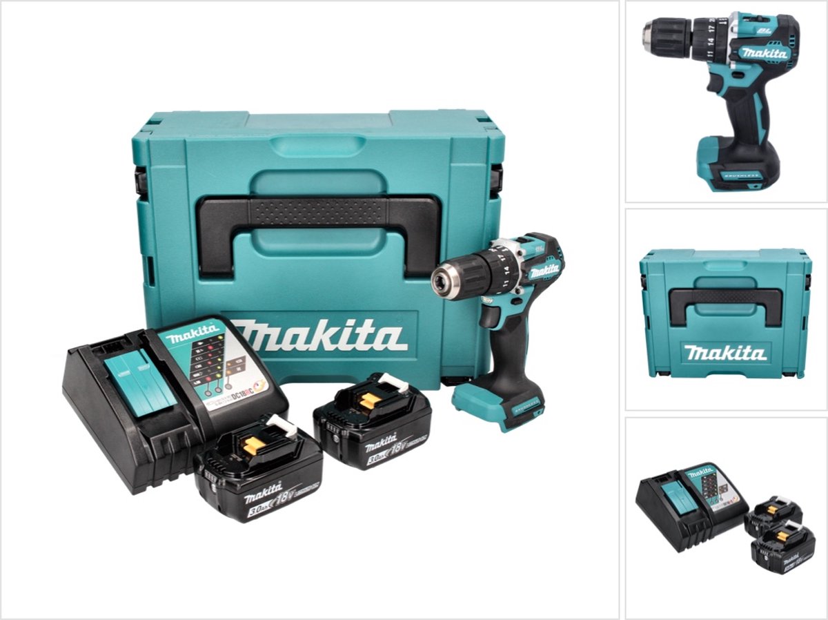 Makita DHP 487 RFJ accu klopboormachine 18 V 40 Nm borstelloos + 2x accu 3.0 Ah + lader + Makpac